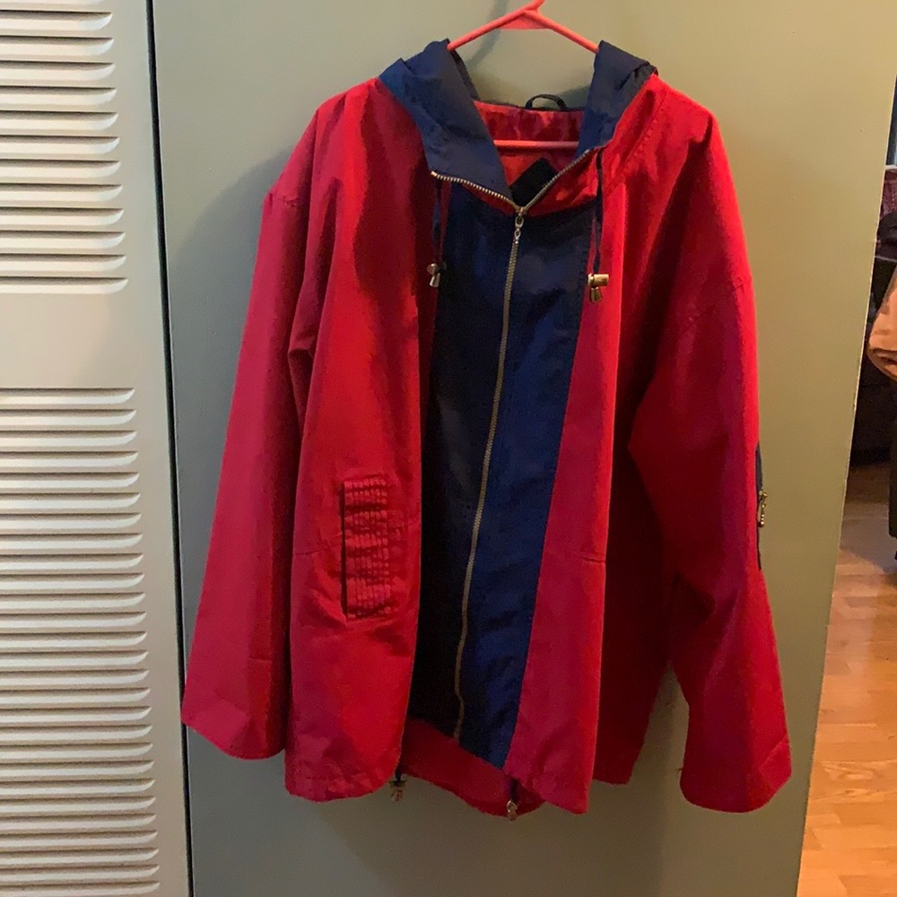 Red and navy color block jacket with red hood. 2X